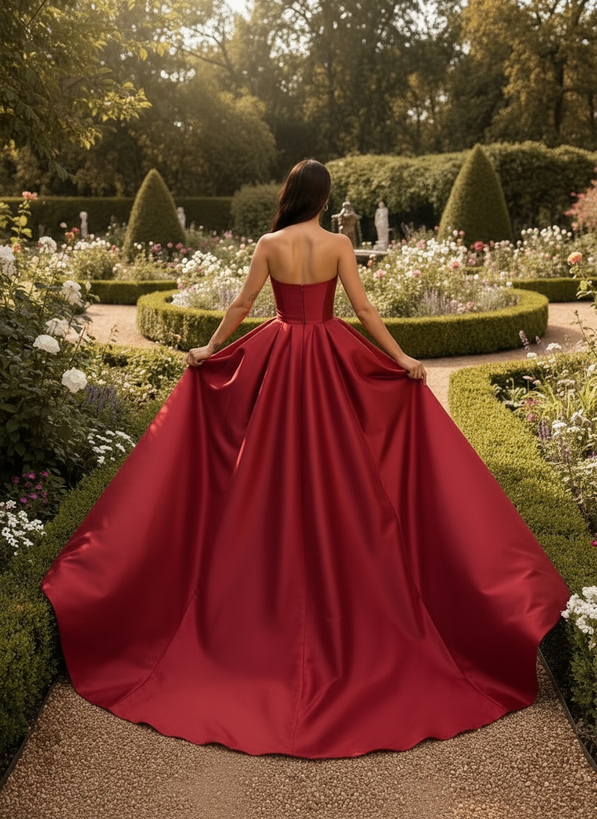 Woman in a red dress standing in a garden