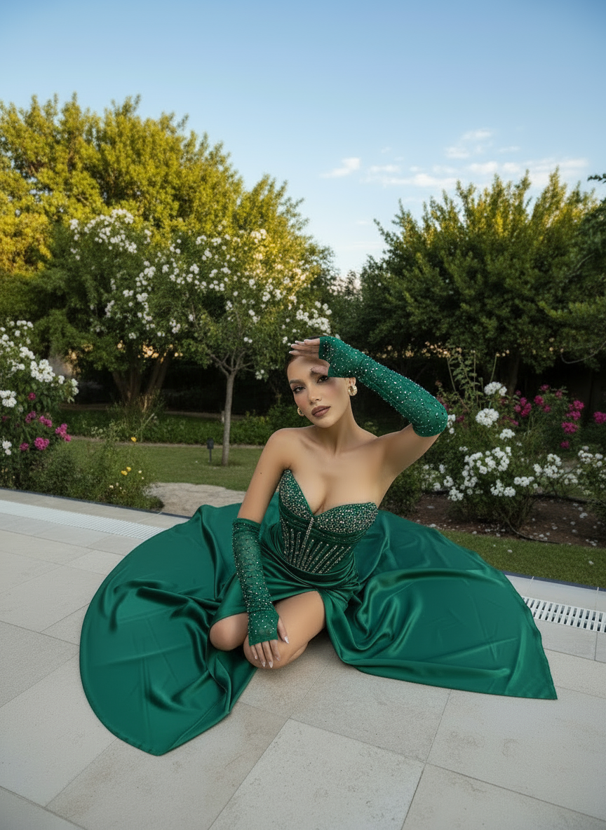 Woman in a green dress sitting outdoors with trees and flowers in the background