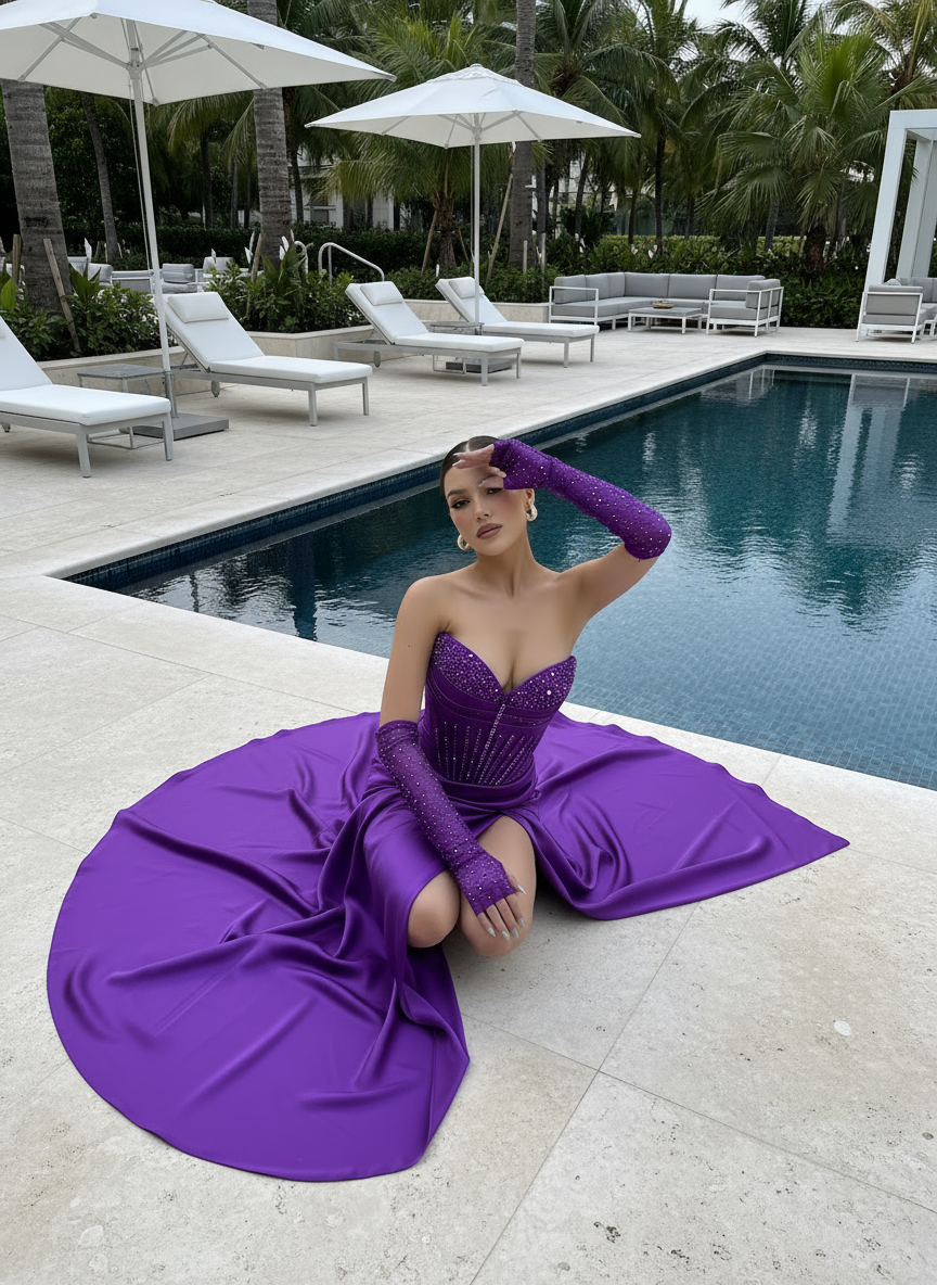 Woman in a purple dress and gloves by a poolside
