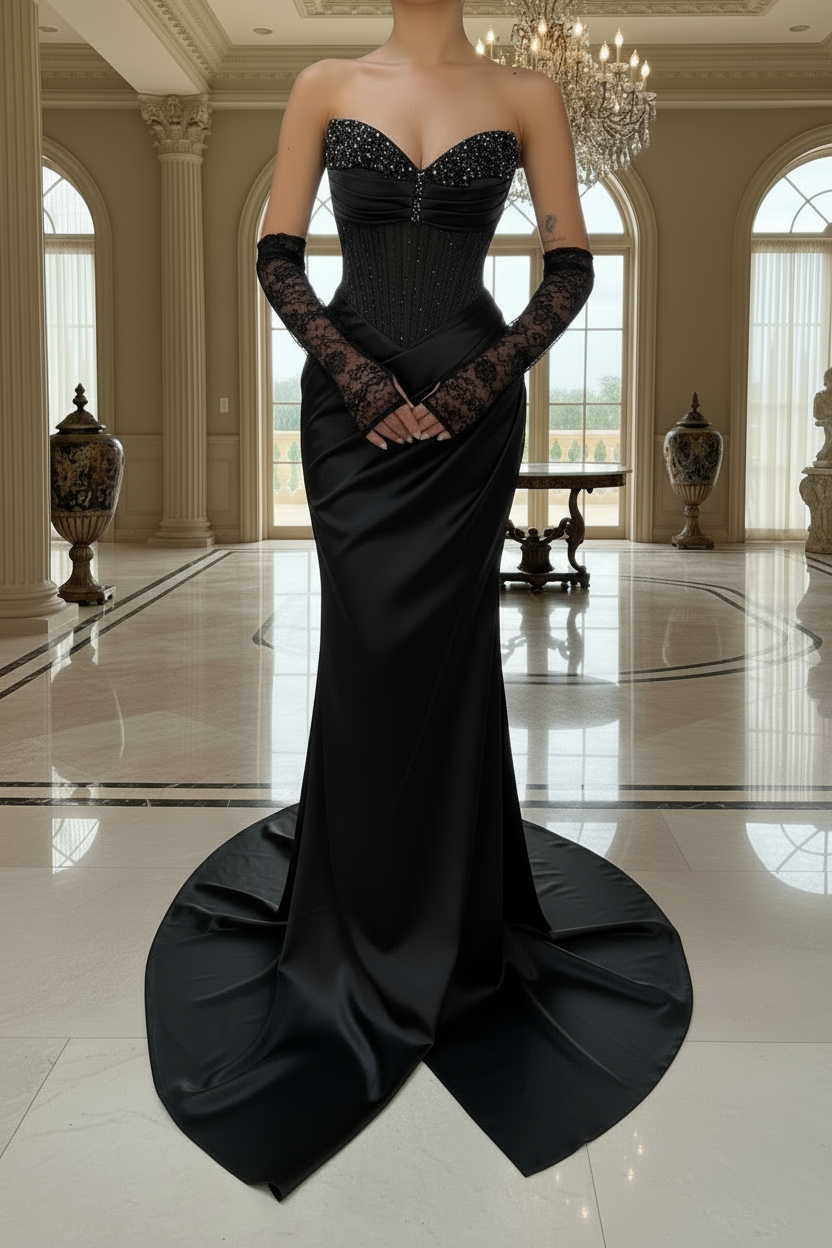 Luxury Mermaid Gown with Crystal Embellished Sleeves