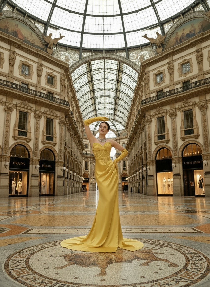 Woman in a yellow dress standing in a grand architectural interior with high ceilings and large windows.