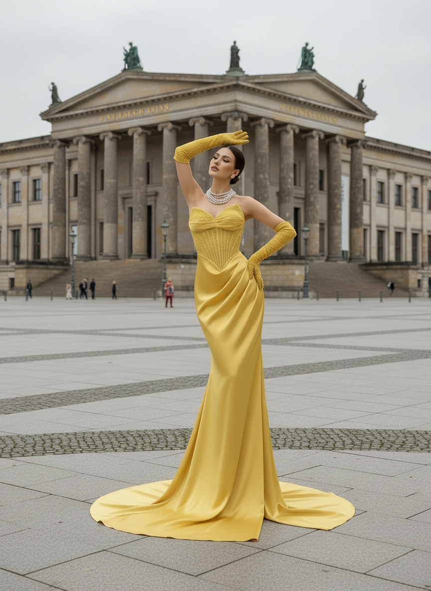 Woman in a yellow evening gown posing in front of a classical building.