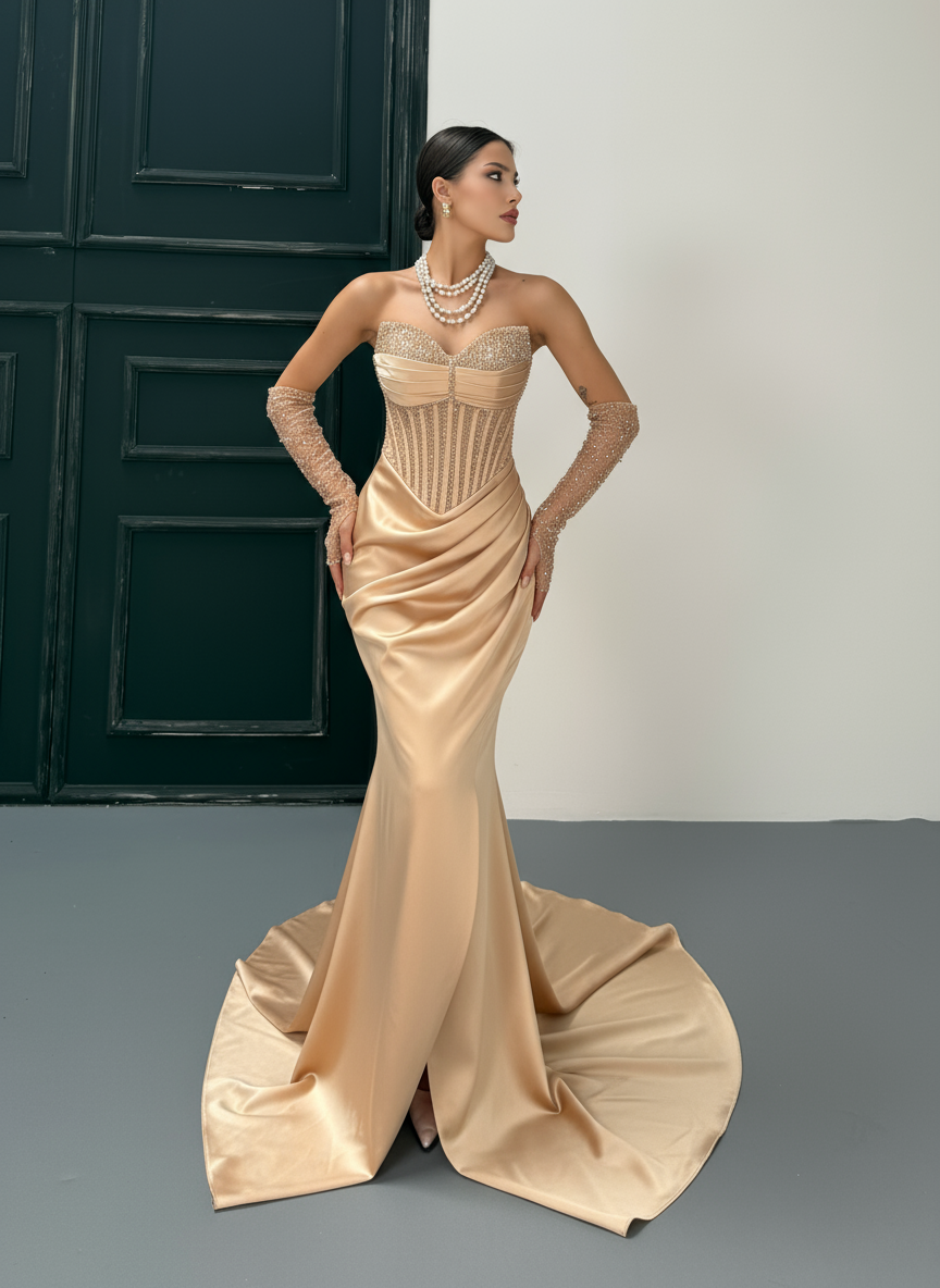 Luxury Mermaid Gown with Crystal Embellished Sleeves - Red & Beige