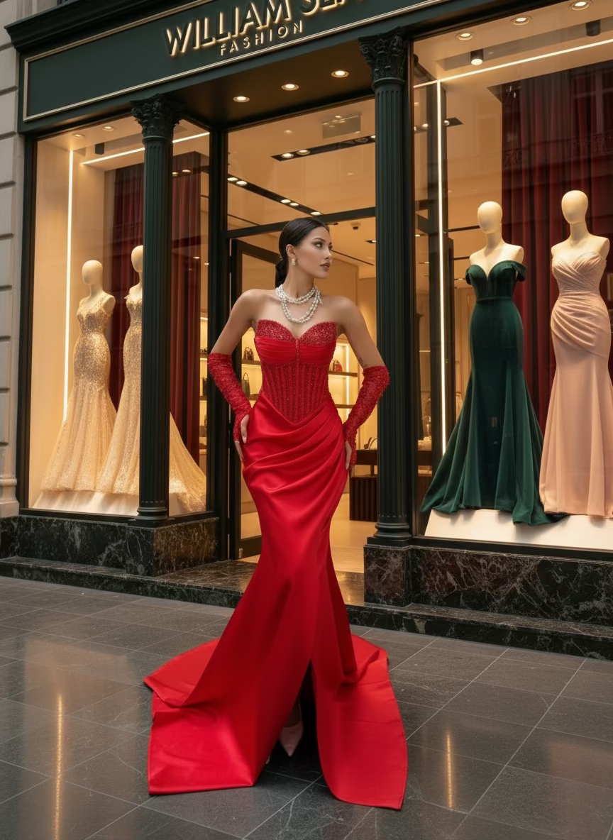 Woman in a red evening gown with gloves standing against a neutral background