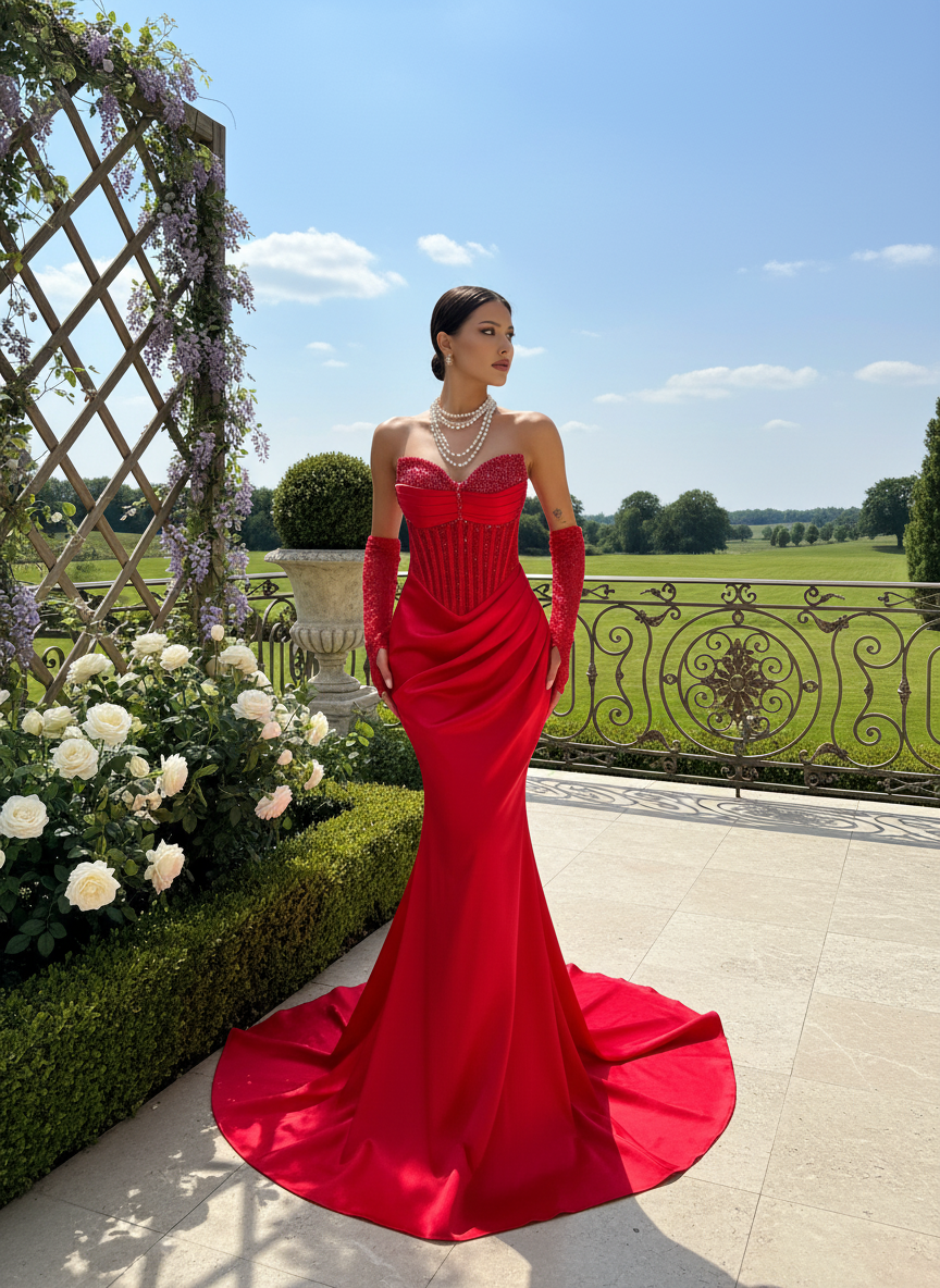 Luxury Mermaid Gown with Crystal Embellished Sleeves - Red & Beige