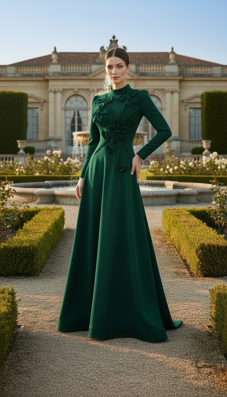 Woman in a green dress standing in a formal garden setting with classical architecture.