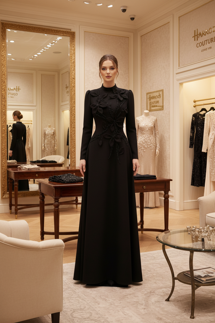 Woman in a black dress standing in a modern interior setting with large windows.