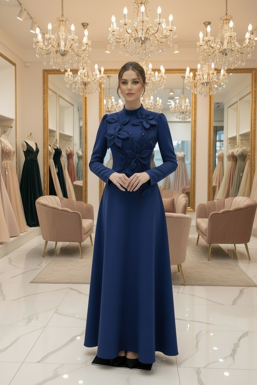 Woman in a blue dress standing in a modern office setting