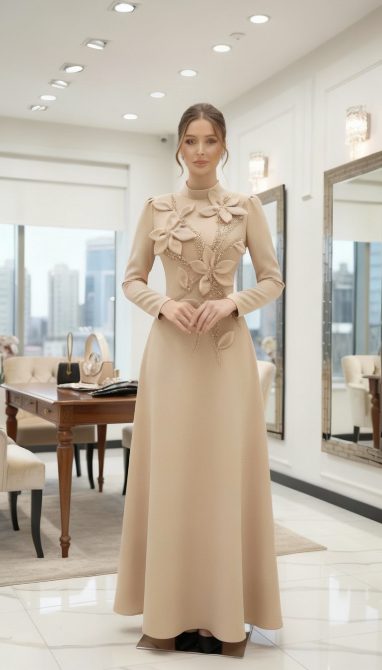 Woman in a beige dress standing in a modern room with cityscape view