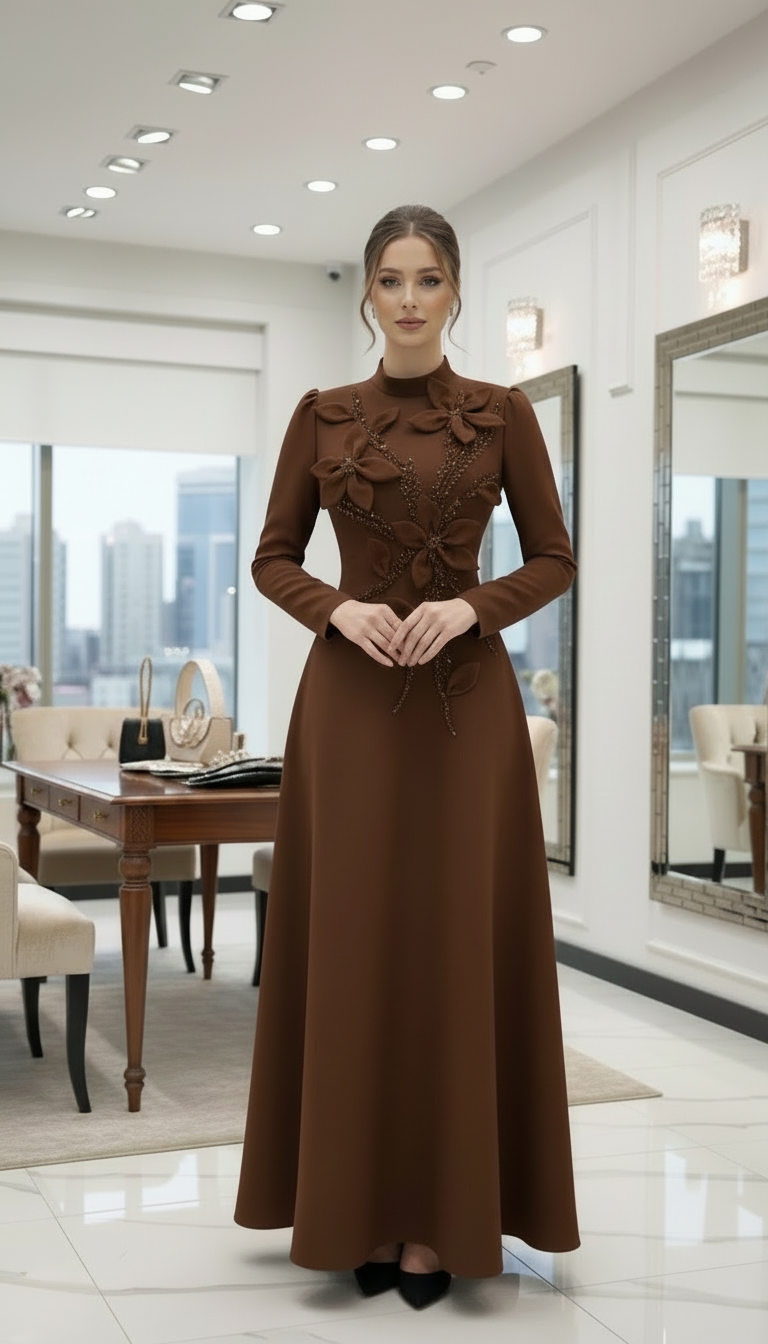 Woman in a brown dress standing in a modern office setting.