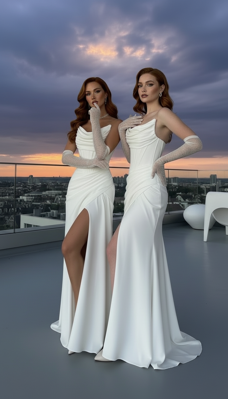 Two women in white evening gowns with sheer gloves posing 