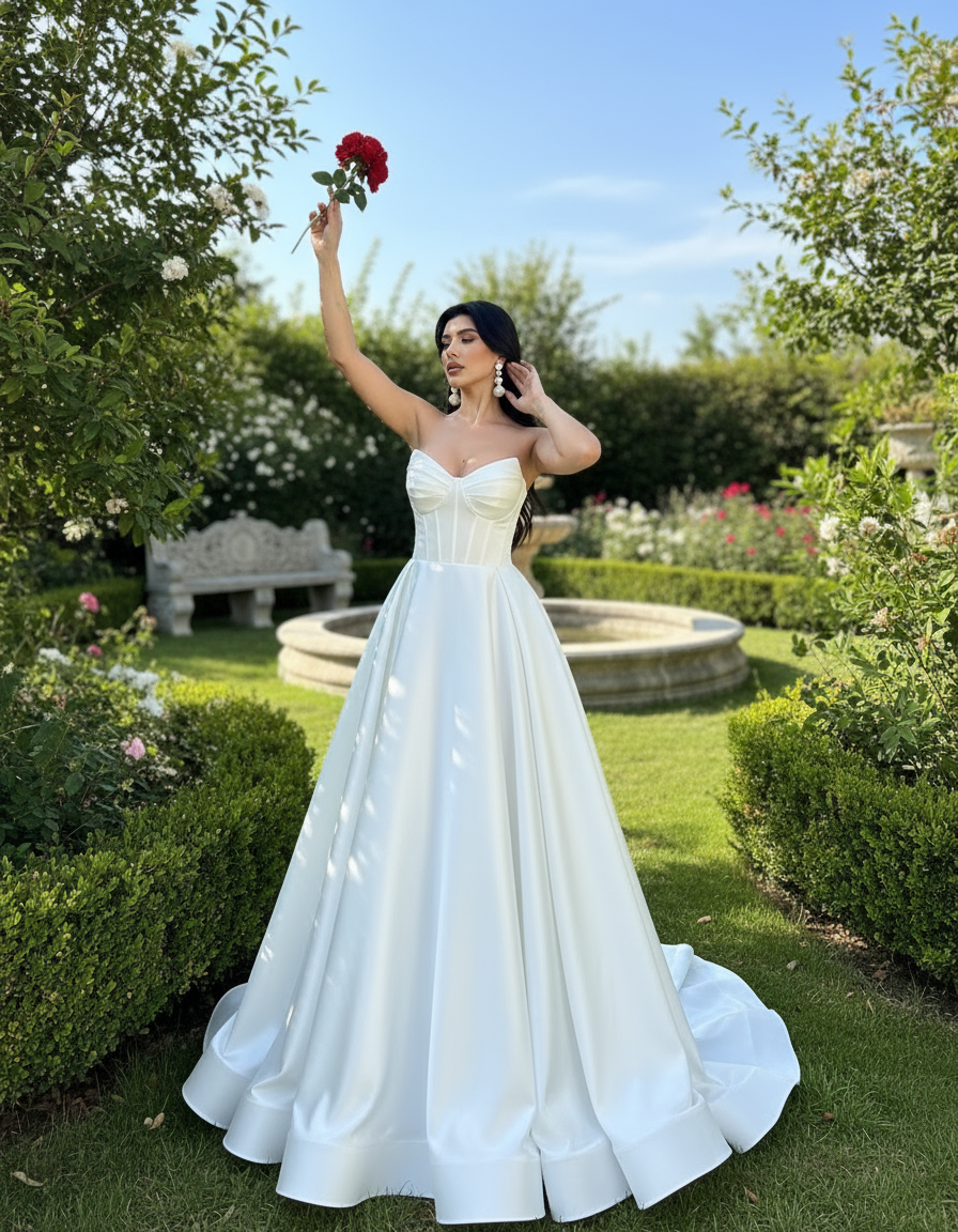 Woman in a white dress holding a red rose in a garden setting
