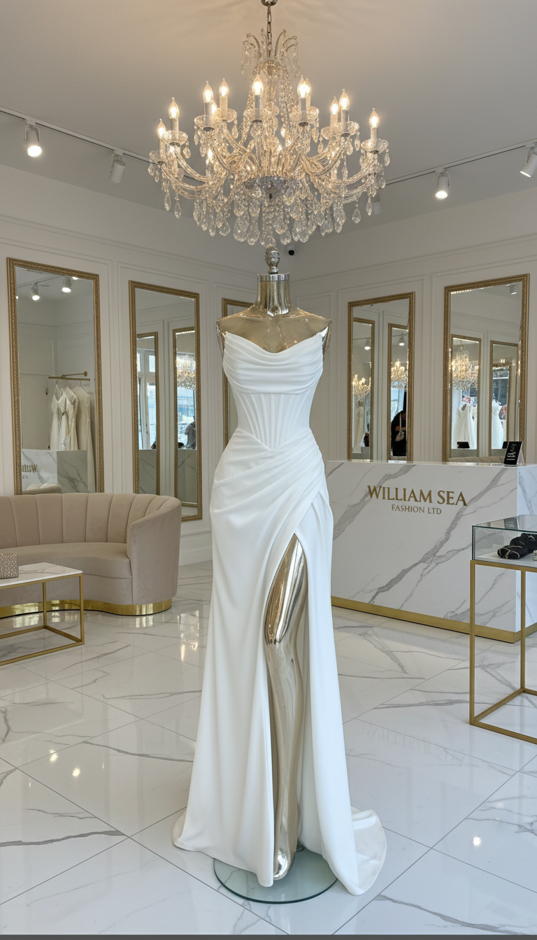 White Cowl Neck Pearl Embellished Satin Evening Gown - Made to Order