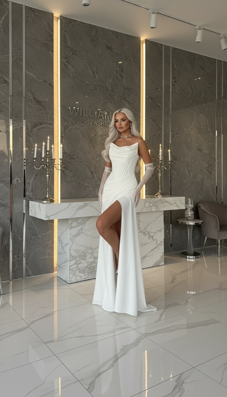 White Cowl Neck Pearl Embellished Satin Evening Gown - Made to Order