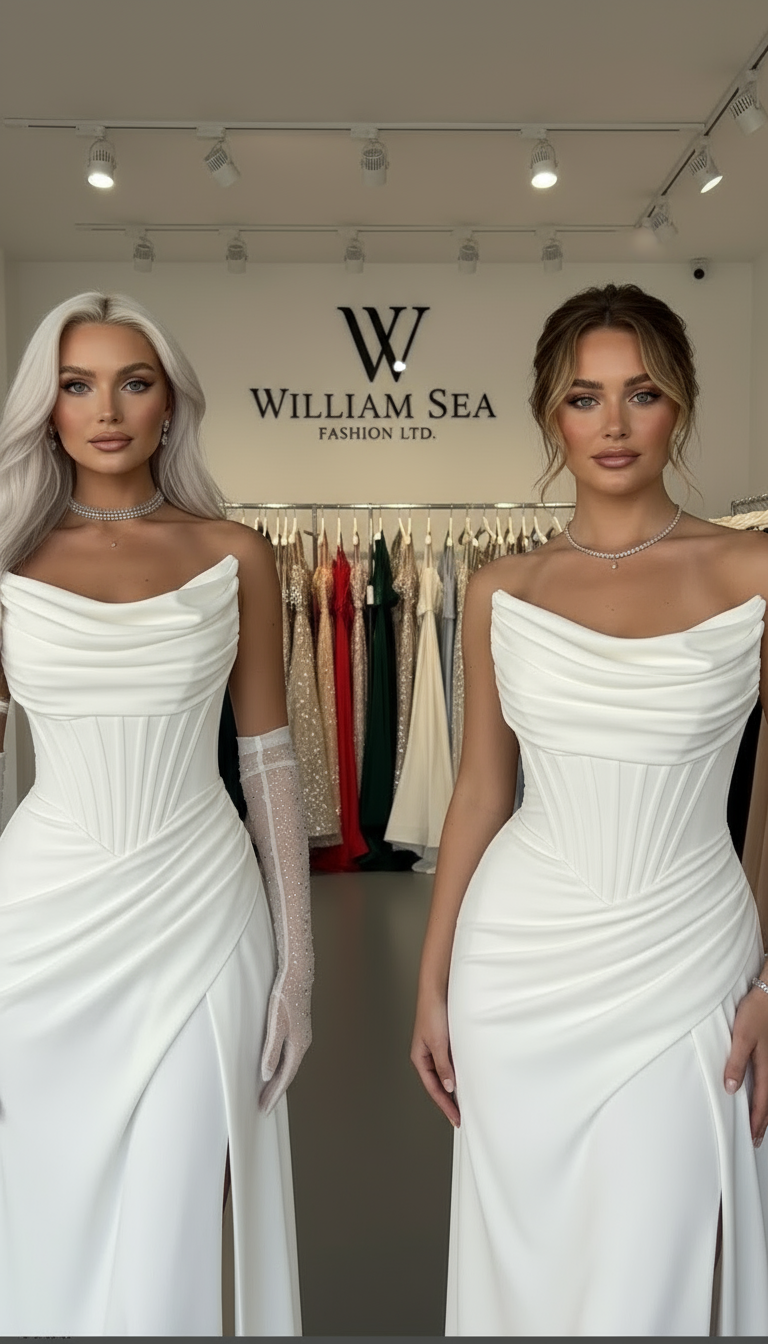 White Cowl Neck Pearl Embellished Satin Evening Gown - Made to Order