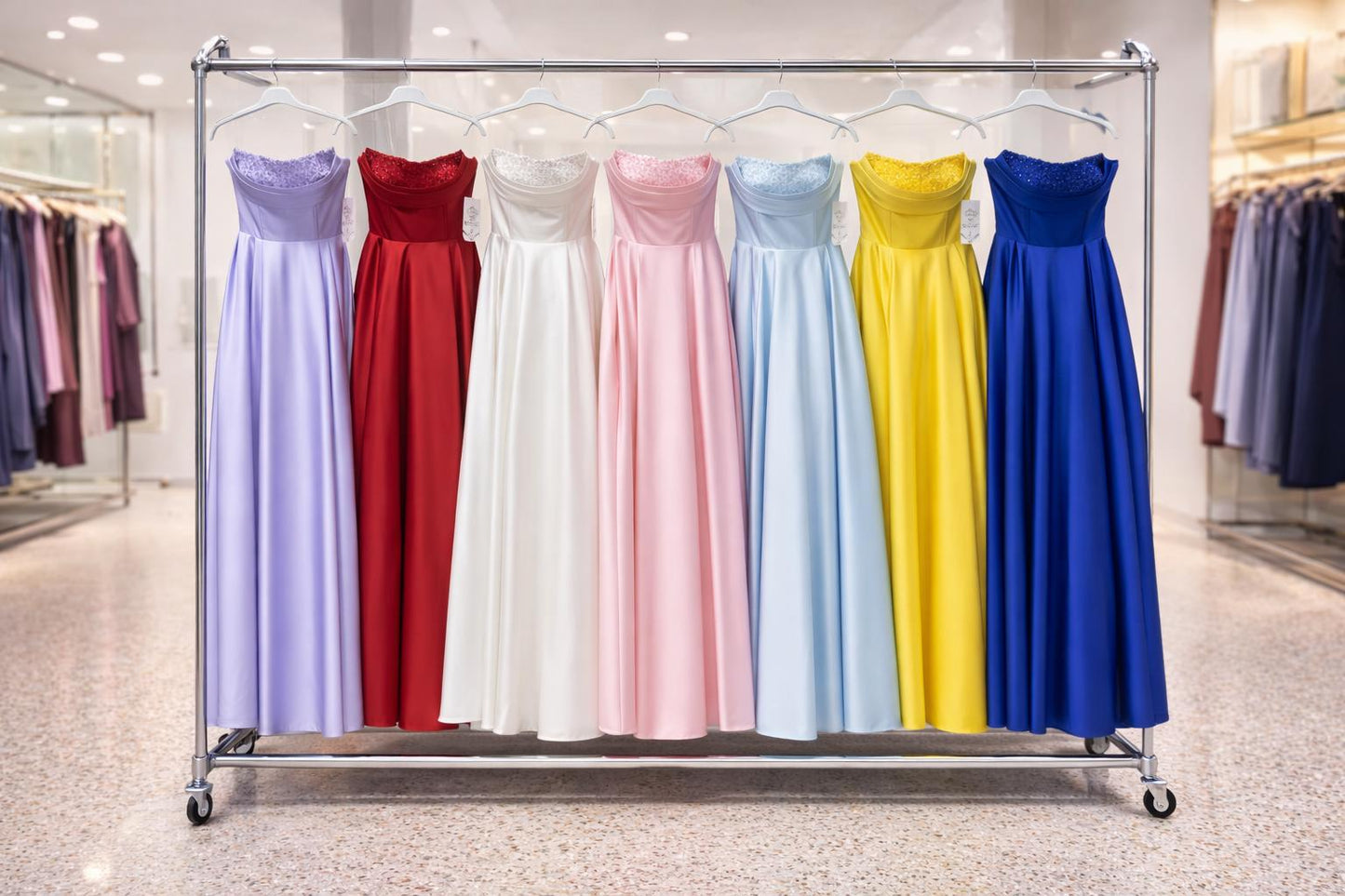 Strapless Draped Satin Evening Gown | Red Green Navy Yellow