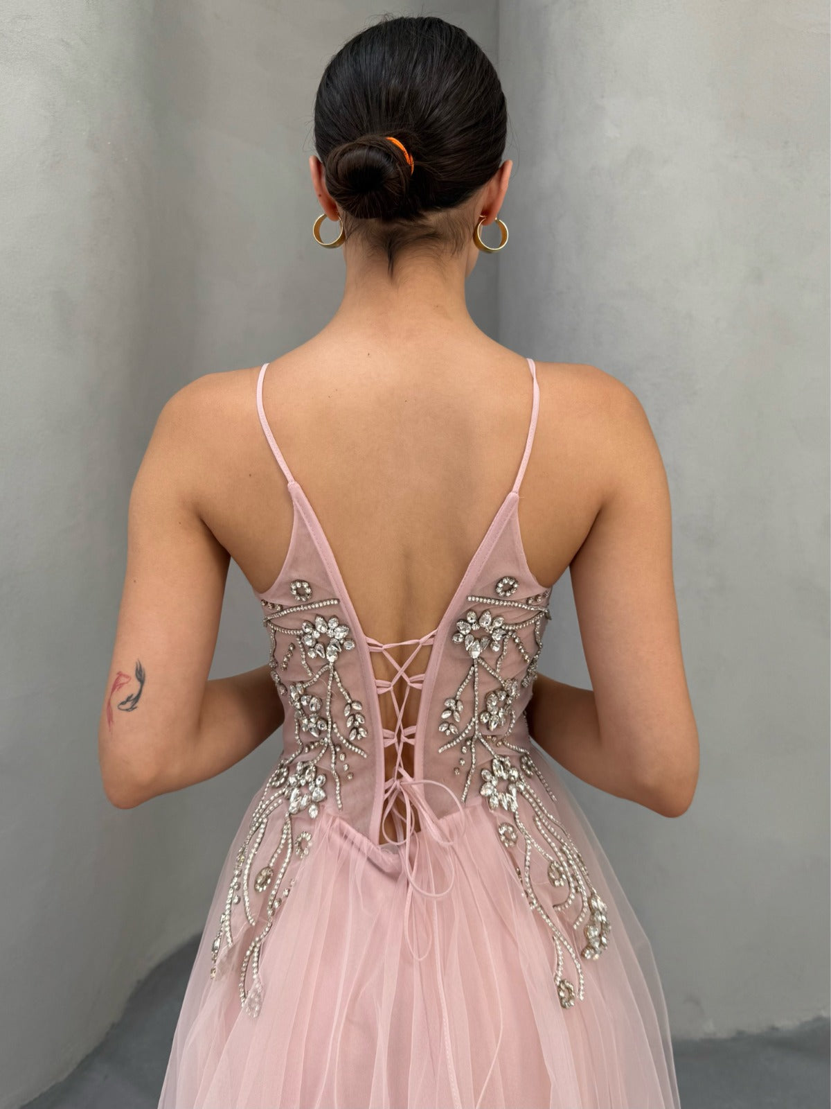 Blush Pink Crystal Embellished Tulle Gown with Lace-Up Back - Custom Order
