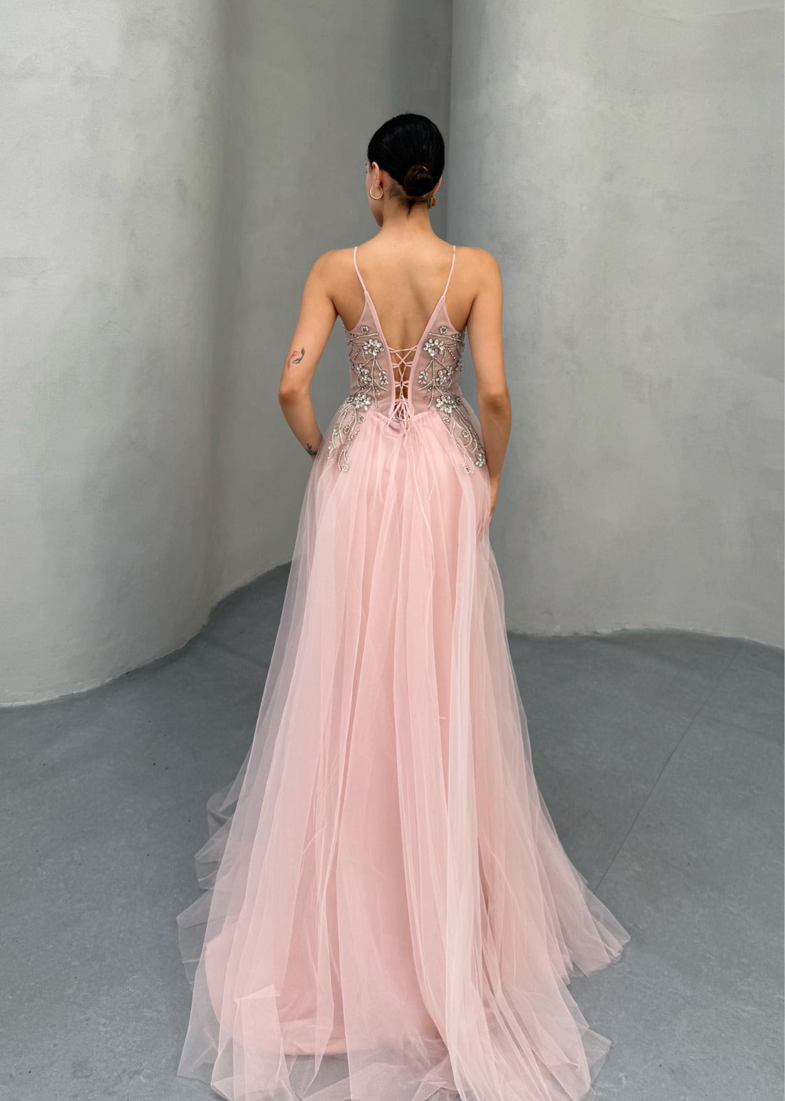 Blush Pink Crystal Embellished Tulle Gown with Lace-Up Back - Custom Order