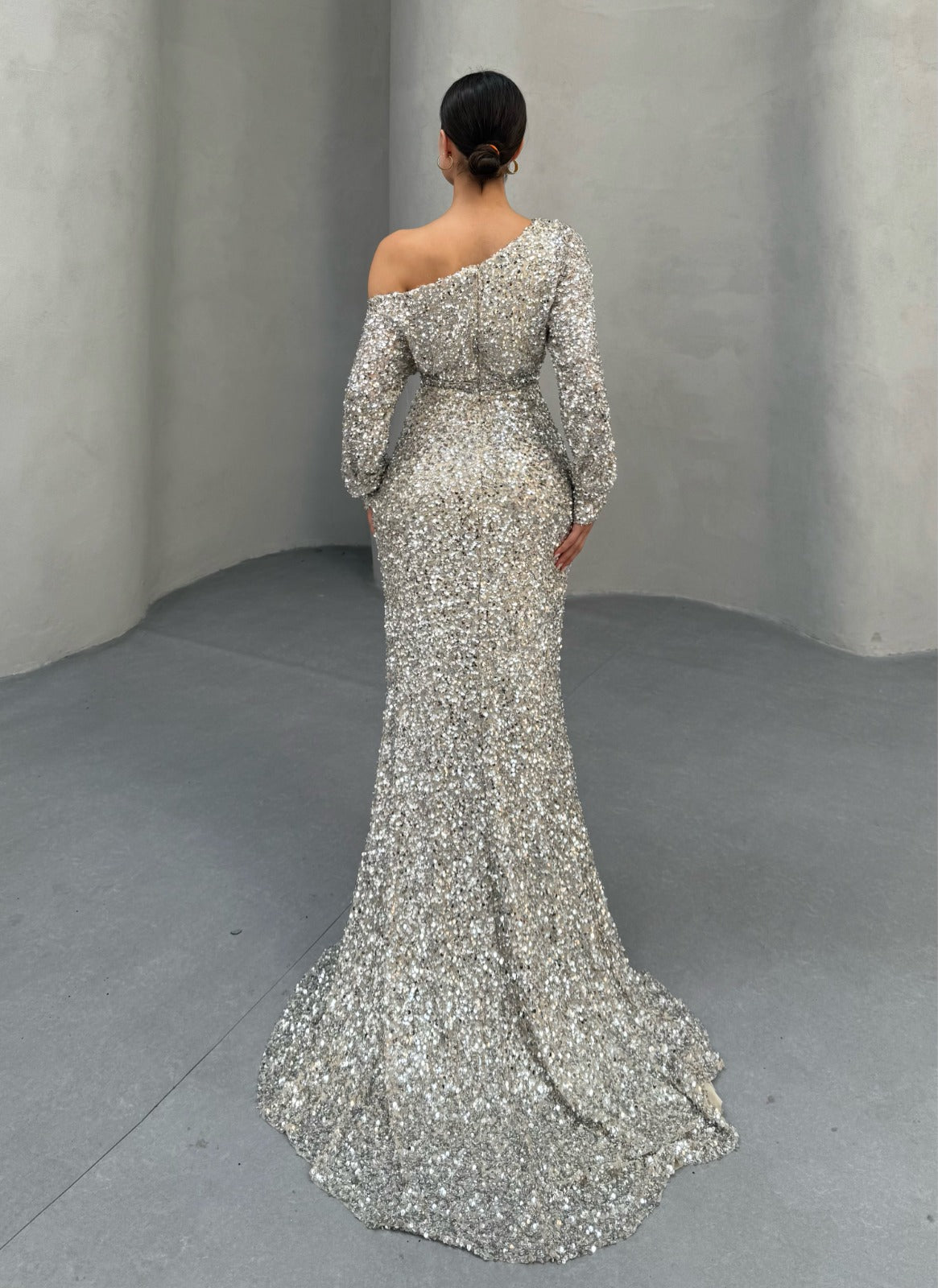 Silver Sequin One Shoulder Mermaid Gown with Front Slit - Custom Order
