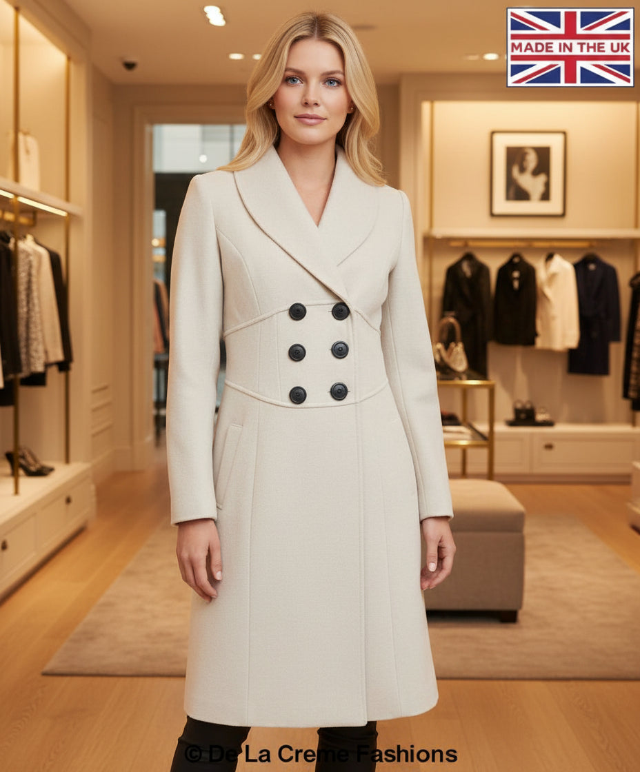 De La Creme - Womens Slim Fit Double Breasted Roll Collared Coat