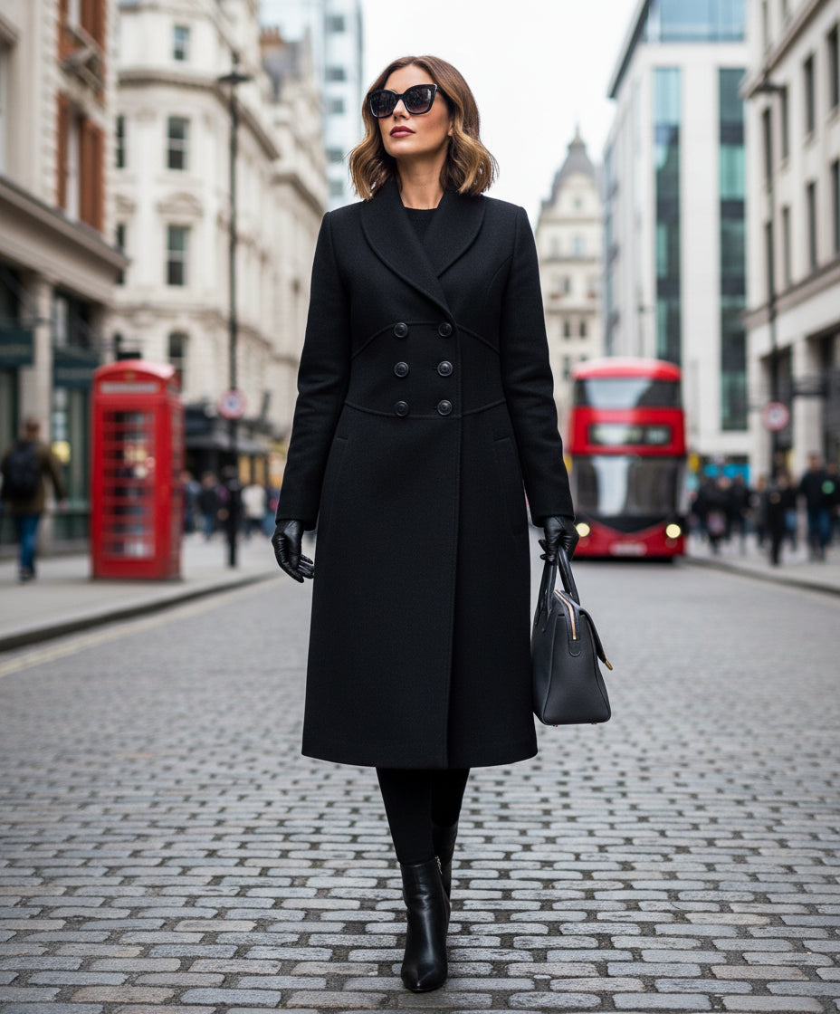 De La Creme - Womens Slim Fit Double Breasted Roll Collared Coat