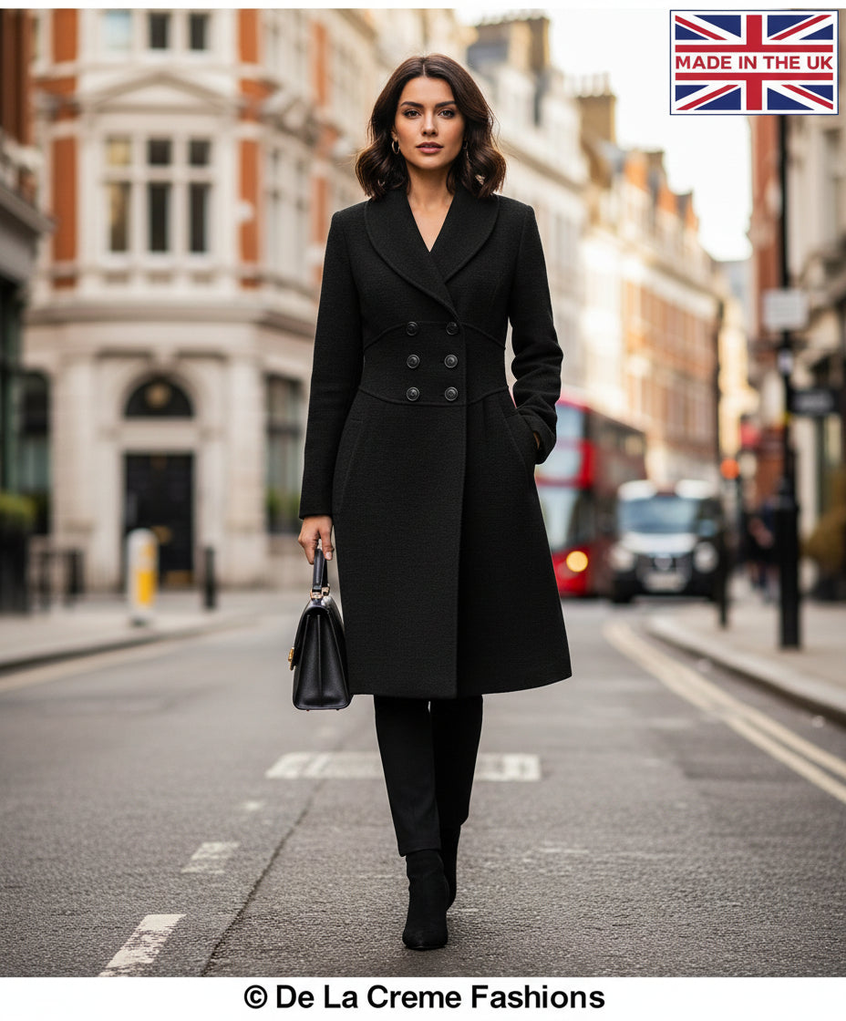 De La Creme - Womens Slim Fit Double Breasted Roll Collared Coat