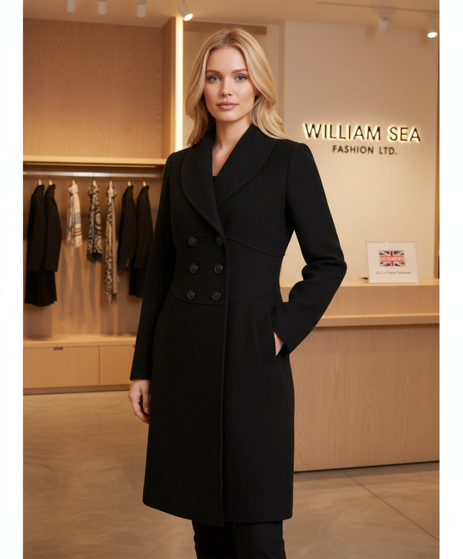 De La Creme - Womens Slim Fit Double Breasted Roll Collared Coat