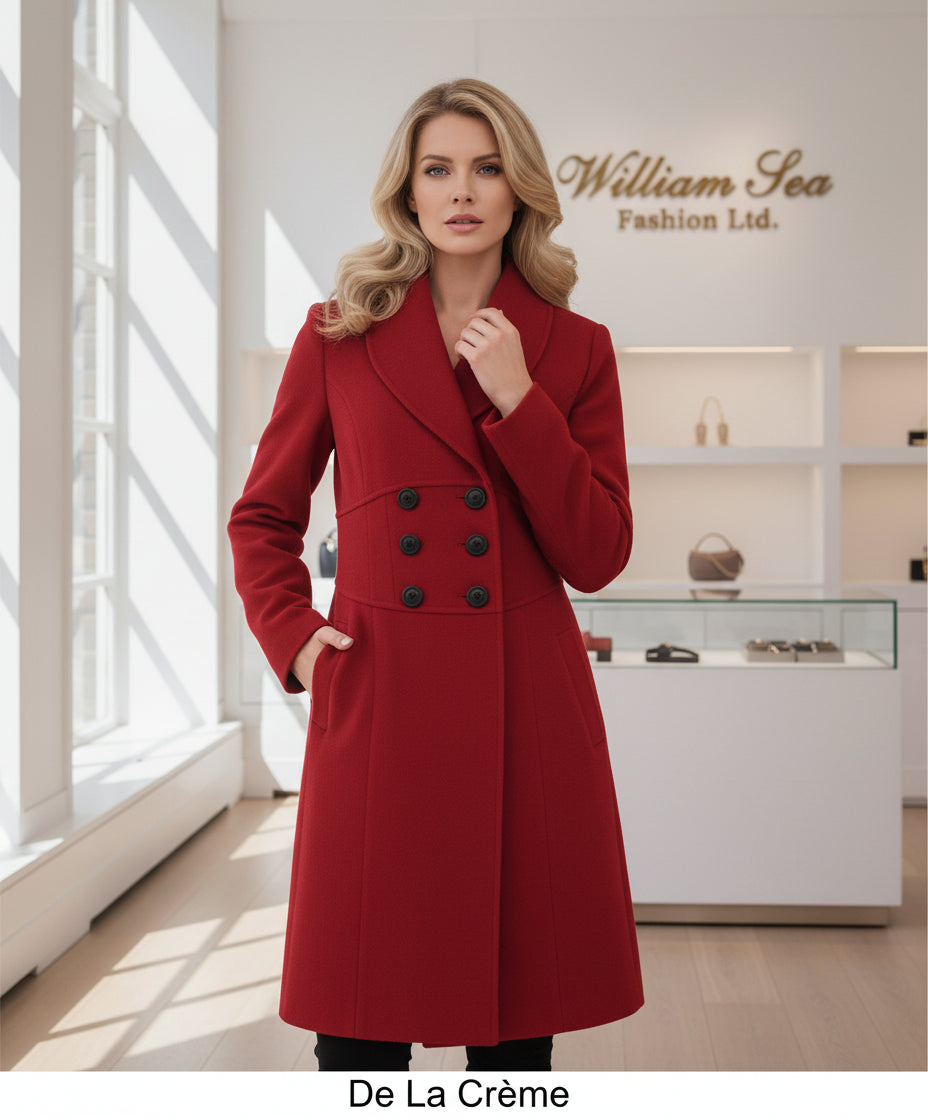 De La Creme - Womens Slim Fit Double Breasted Roll Collared Coat