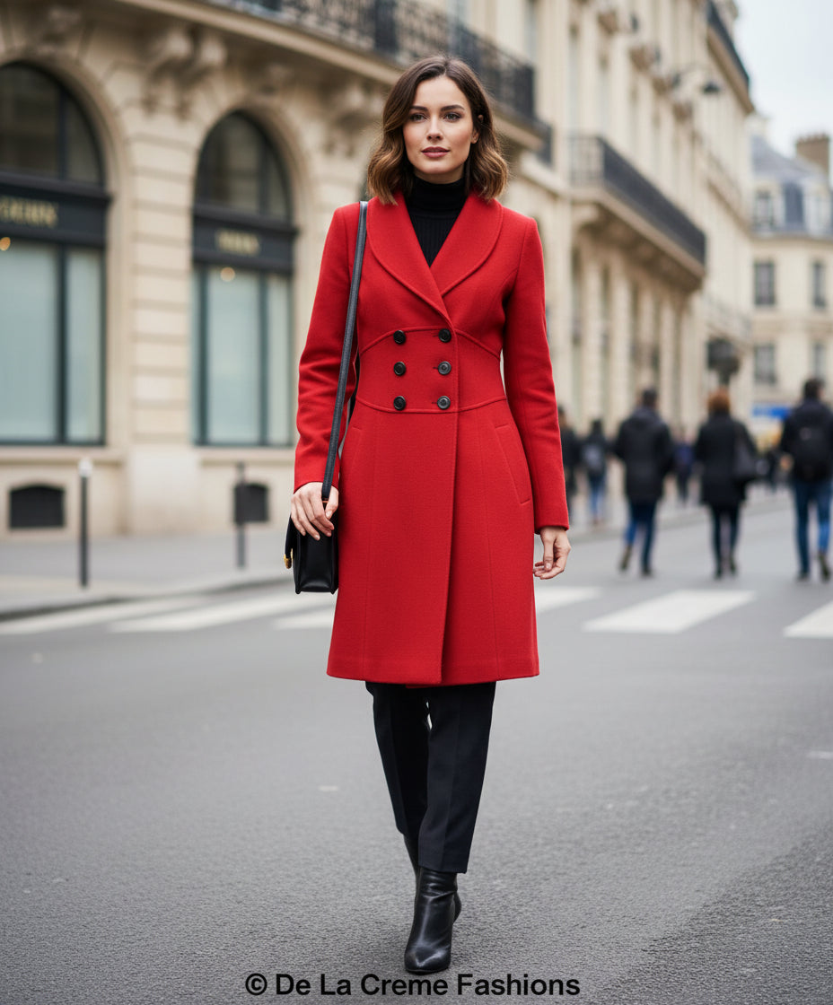 De La Creme - Womens Slim Fit Double Breasted Roll Collared Coat