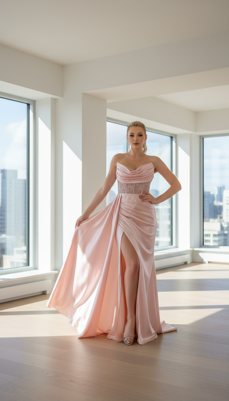 Luxury Draped Satin Evening Gown with Crystal Belt | WS-20-25-D | 4 Colours